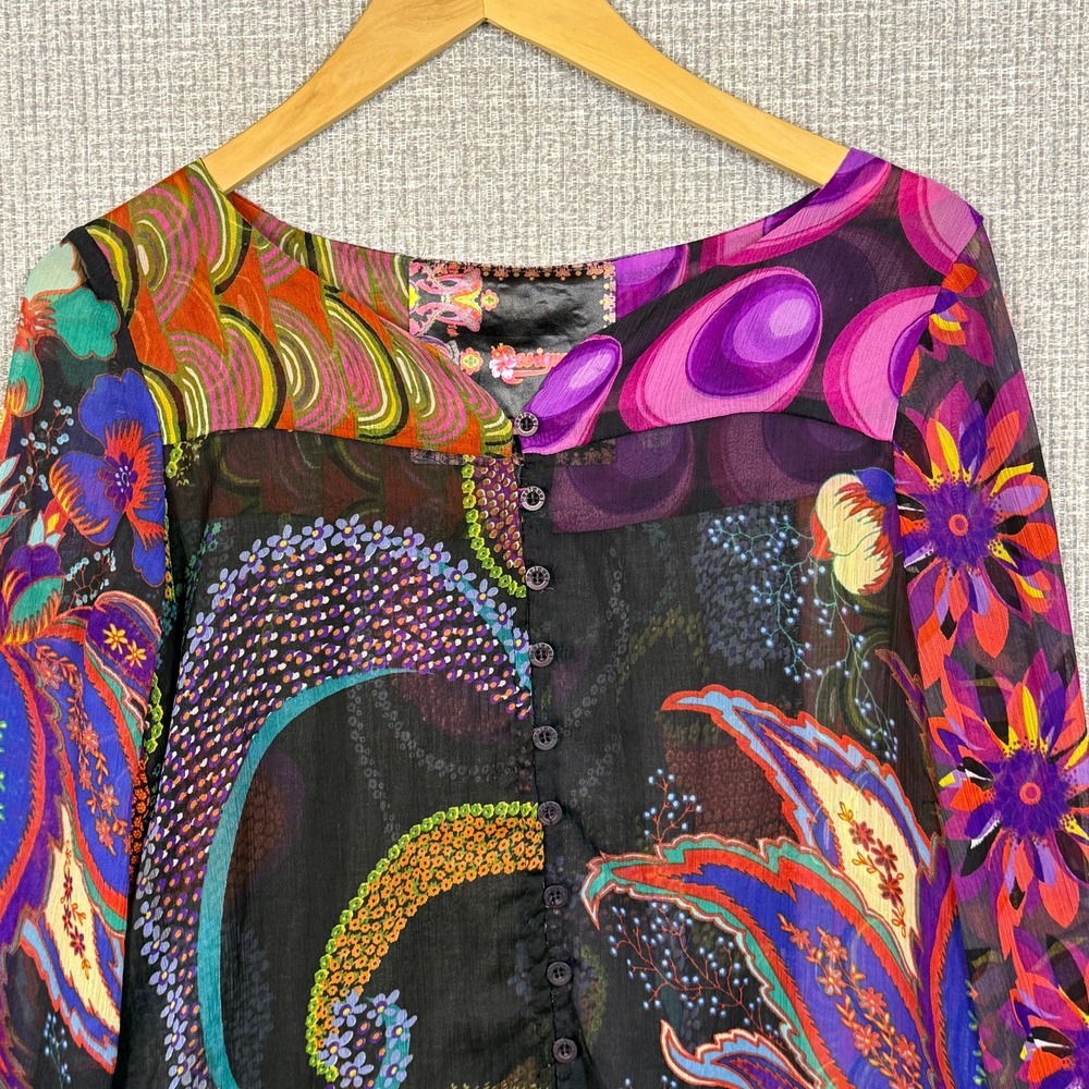 Desigual Sz M Floral Print Blouse Button Down LS Multicolor Sheer Statement - Picture 5 of 16